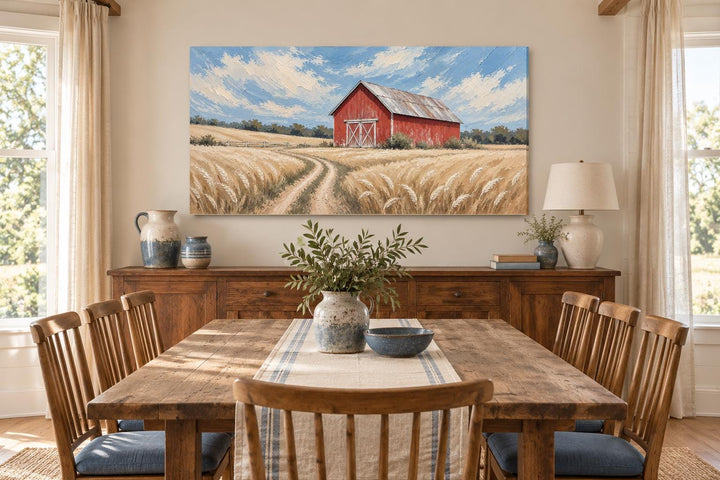 Rustic red barn in a golden wheat field landscape canvas wall art hanging in a dining room.