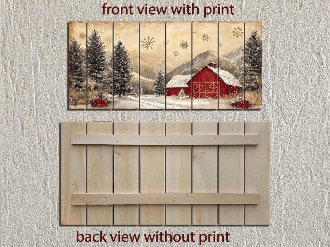 Rustic red barn in snow distressed wood wall art.