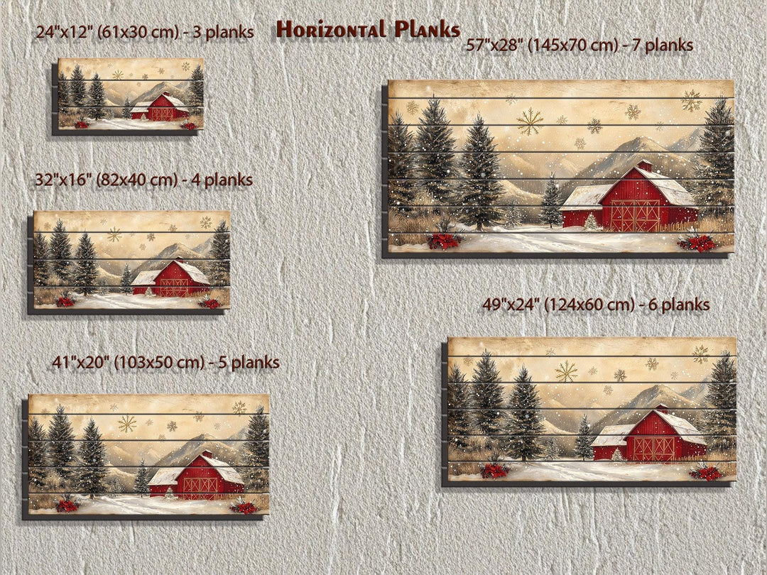 Rustic Red Barn in Snow Distressed Wood Wall Art – Farmhouse Christmas Winter Landscape