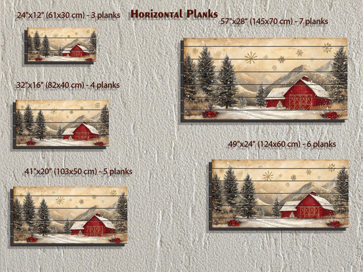Rustic Red Barn in Snow Distressed Wood Wall Art – Farmhouse Christmas Winter Landscape