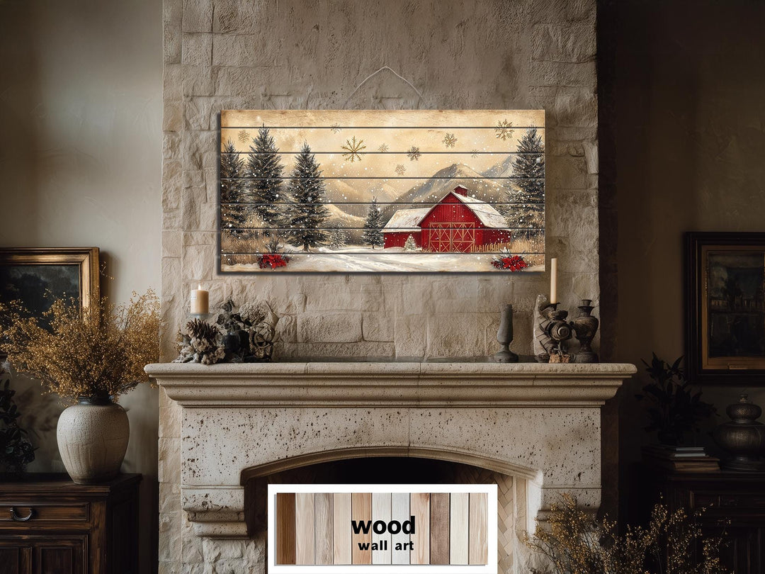 Rustic Red Barn in Snow Distressed Wood Wall Art – Farmhouse Christmas Winter Landscape