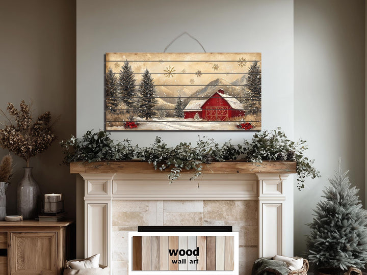 Rustic Red Barn in Snow Distressed Wood Wall Art – Farmhouse Christmas Winter Landscape