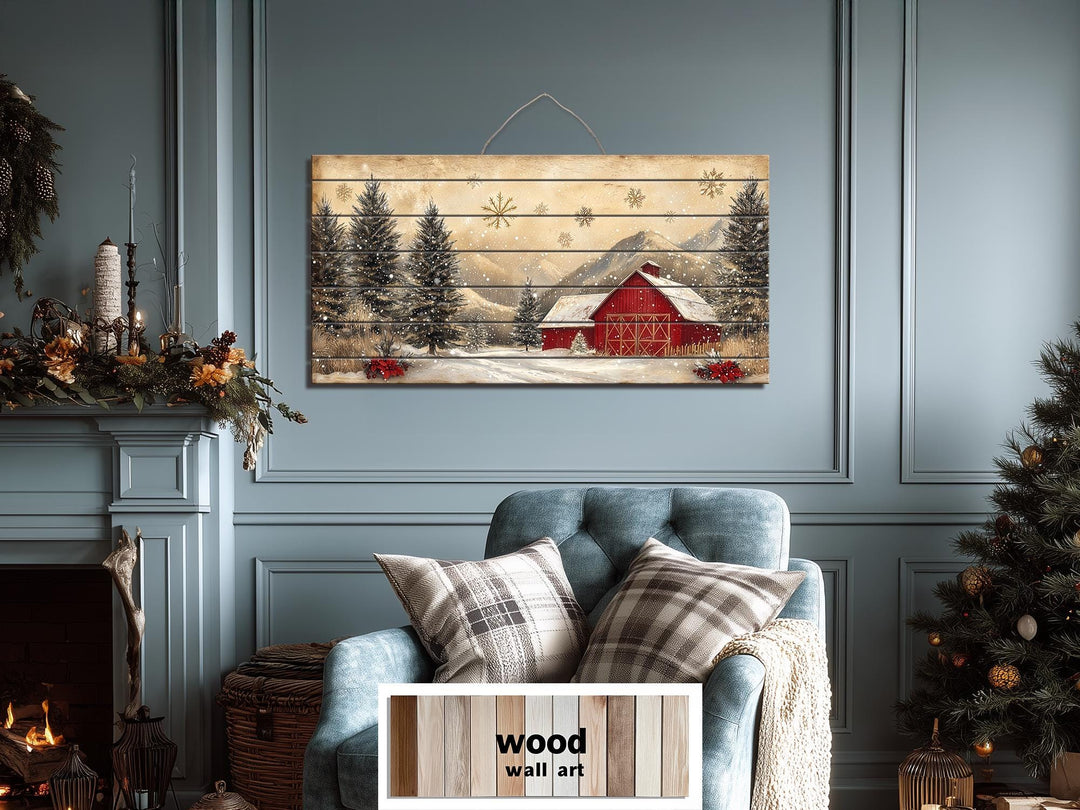 Rustic Red Barn in Snow Distressed Wood Wall Art – Farmhouse Christmas Winter Landscape