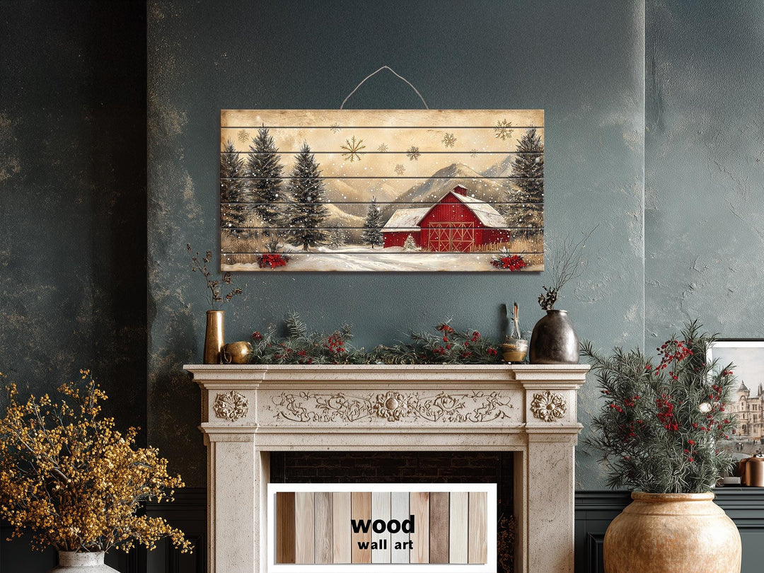 Rustic Red Barn in Snow Distressed Wood Wall Art – Farmhouse Christmas Winter Landscape