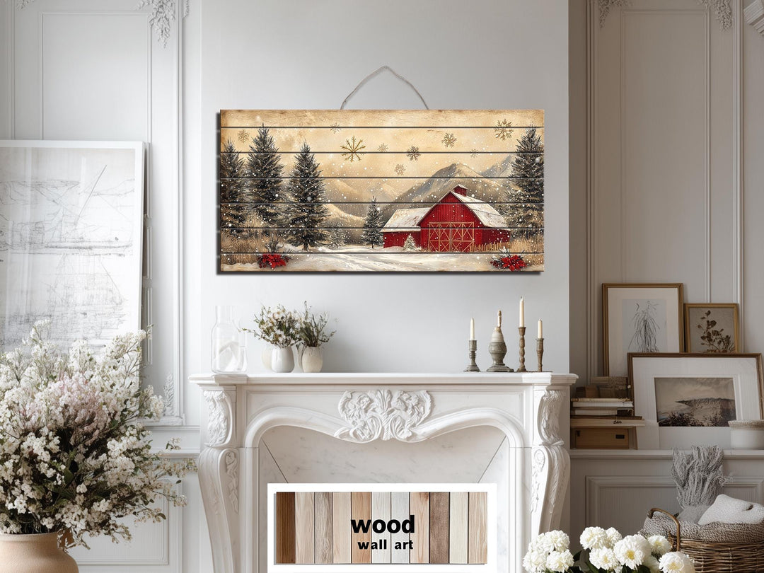 Rustic Red Barn in Snow Distressed Wood Wall Art – Farmhouse Christmas Winter Landscape