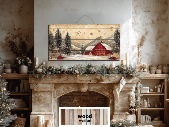Rustic Red Barn in Snow Distressed Wood Wall Art – Farmhouse Christmas Winter Landscape
