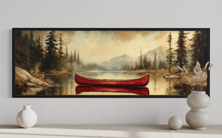 Rustic Red Canoe Framed Canvas Wall Art For Cabin Or Lake House Decor