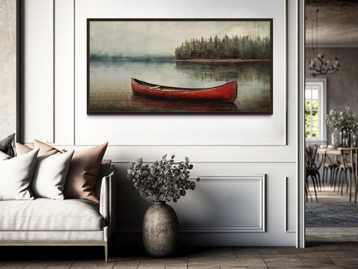 Rustic Red Canoe In The Lake Framed Canvas Wall Art