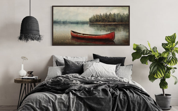 Rustic Cabin Wall Decor - Rustic Red Canoe In The Lake Framed Canvas Wall Art