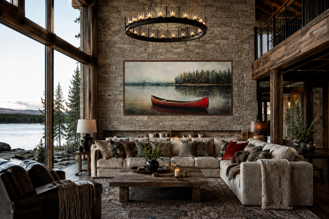 Rustic red canoe in the lake framed canvas wall art hanging in a cozy lake house living room.