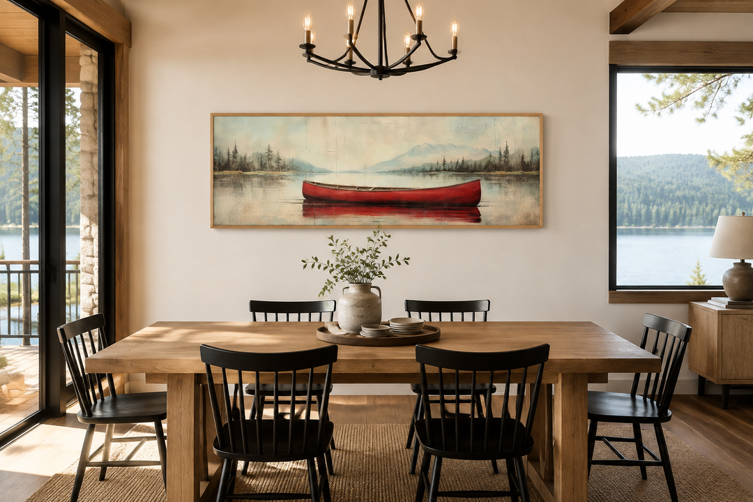Rustic red canoe painting on wood-effect canvas, featuring a serene lake scene in a horizontal frame.