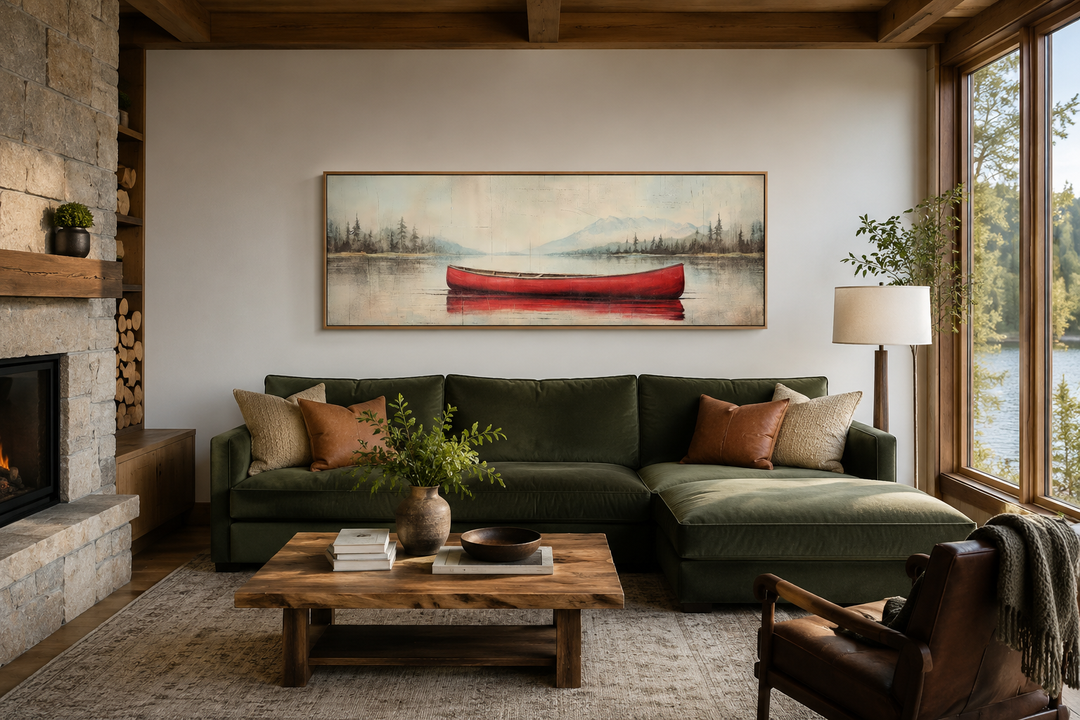 Rustic red canoe on a calm lake painted on a long horizontal wood-framed canvas above a green sofa.