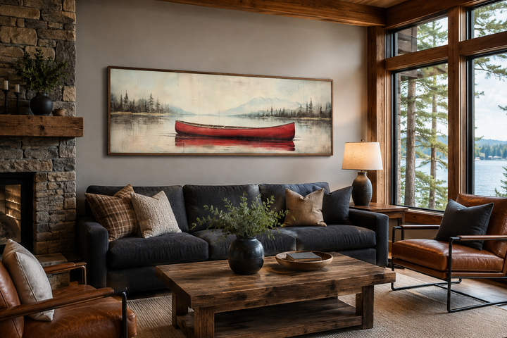 Rustic red canoe on a calm lake painted on a long horizontal wood-framed canvas above a sofa.