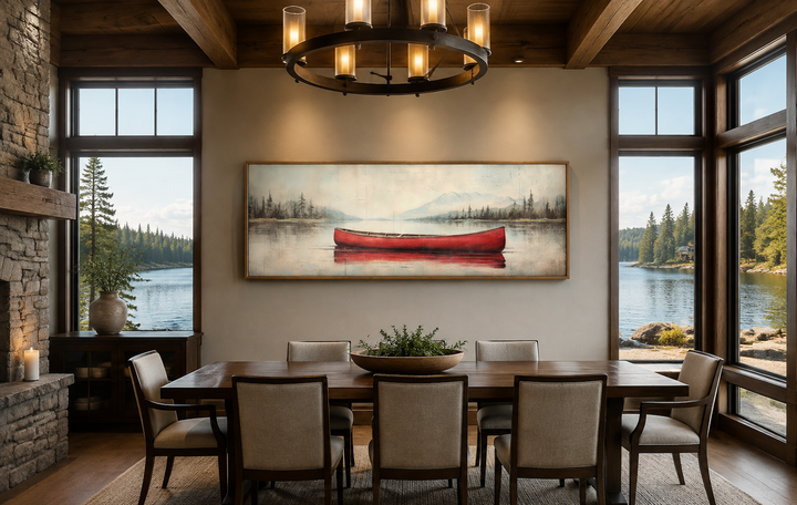 Rustic red canoe on a calm lake painted on a long horizontal wood-framed canvas in a dining room.
