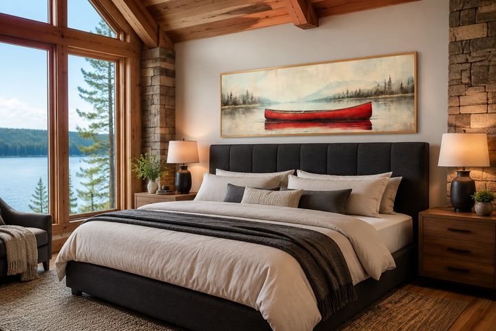 Rustic red canoe painting on wood-effect canvas hanging above a bed in a lodge-style bedroom.