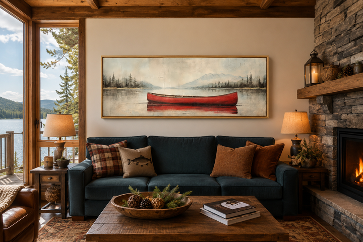 Rustic red canoe on a calm lake painted on a long horizontal wood framed canvas over a blue sofa.