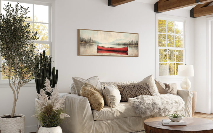 Wall Art For Bedroom - Rustic Red Canoe In The Lake Painted On Wood Framed Canvas Wall Art