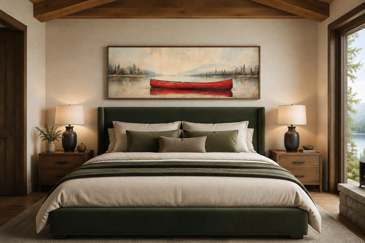 Rustic red canoe on a calm lake painted on a long horizontal wood-framed canvas above a bed.