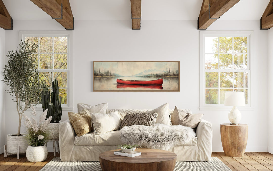 Wall Art For Bedroom - Rustic Red Canoe In The Lake Painted On Wood Framed Canvas Wall Art