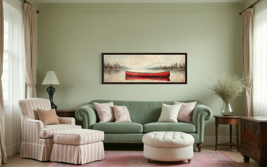 Rustic Red Canoe In The Lake Painted On Wood Framed Canvas Wall Art