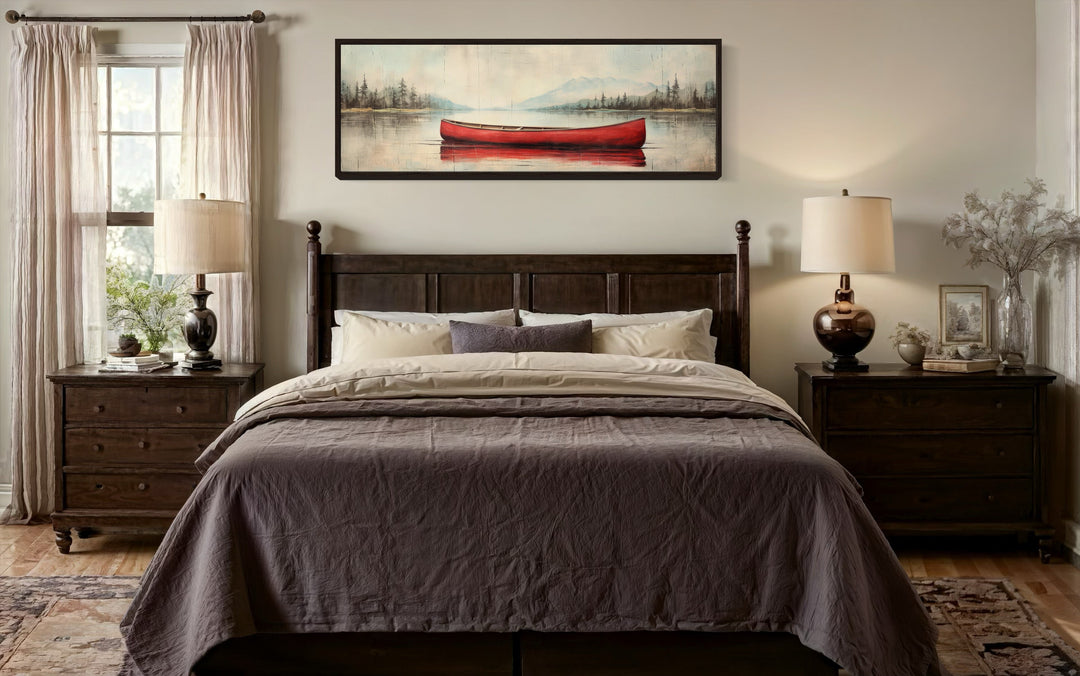 Wall Art For Bedroom - Rustic Red Canoe In The Lake Painted On Wood Framed Canvas Wall Art