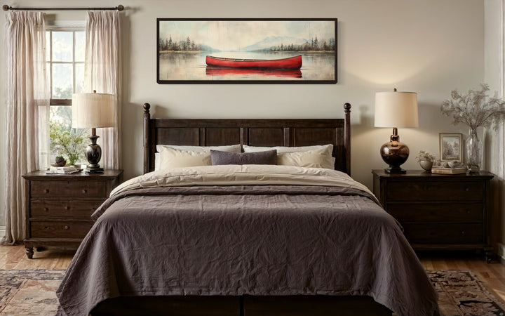 Wall Art For Bedroom - Rustic Red Canoe In The Lake Painted On Wood Framed Canvas Wall Art