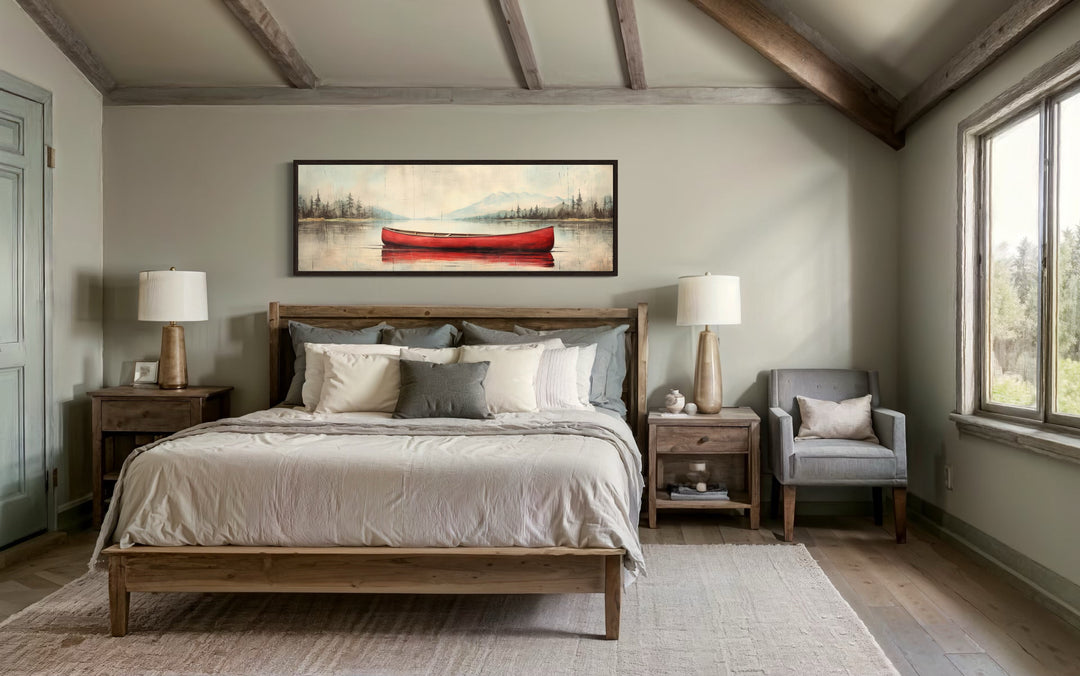 Rustic Red Canoe In The Lake Painted On Wood Framed Canvas Wall Art