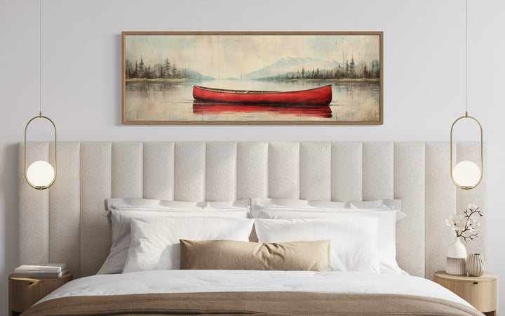 Rustic Red Canoe In The Lake Painted On Wood Framed Canvas Wall Art