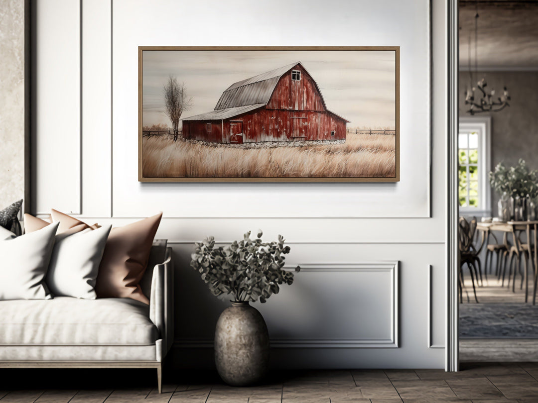 Rustic red barn painting on wood canvas wall art.