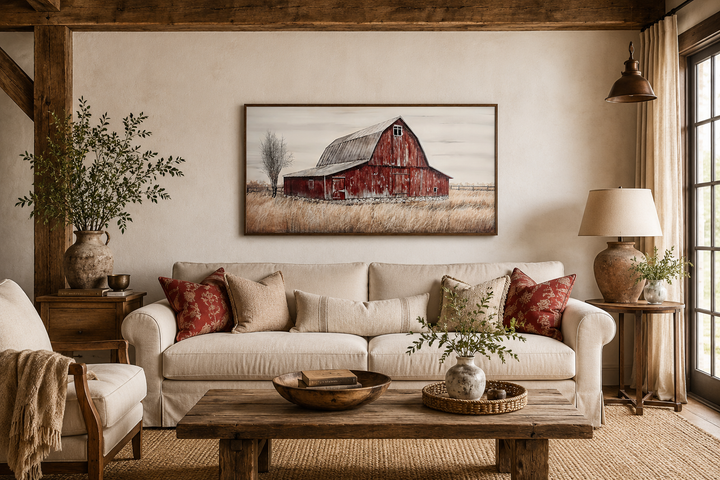 Rustic Red Old Farm Barn Painting On Wood Farmhouse Canvas Wall Art