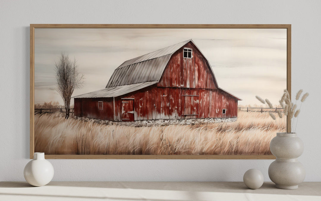 Rustic red old farm barn painting on wood farmhouse canvas wall art.