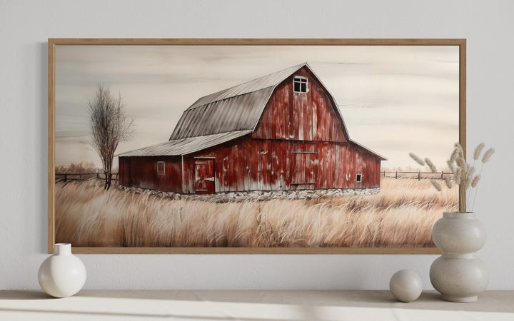 Rustic red old farm barn painting on wood farmhouse canvas wall art.