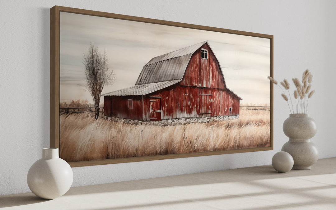 Rustic red old farm barn painting on wood farmhouse canvas wall art.