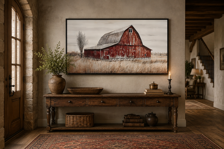 Rustic Red Old Farm Barn Painting On Wood Farmhouse Canvas Wall Art