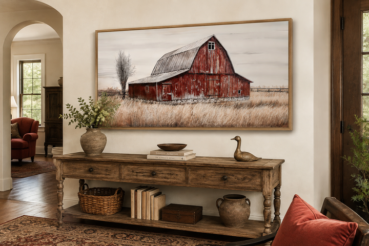 Rustic Red Old Farm Barn Painting On Wood Farmhouse Canvas Wall Art