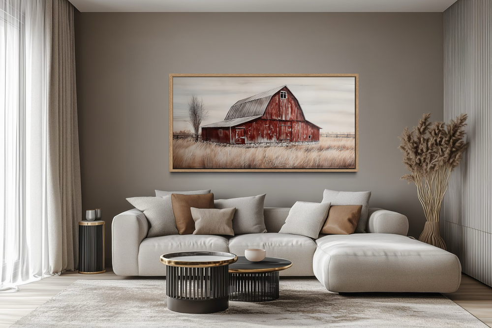 Rustic red old farm barn painting on wood canvas wall art in a modern farmhouse living room.