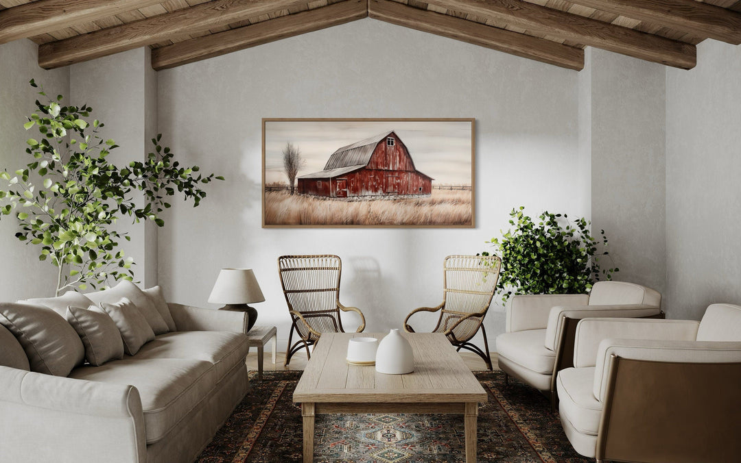 Rustic red old farm barn painting on wood canvas wall art.
