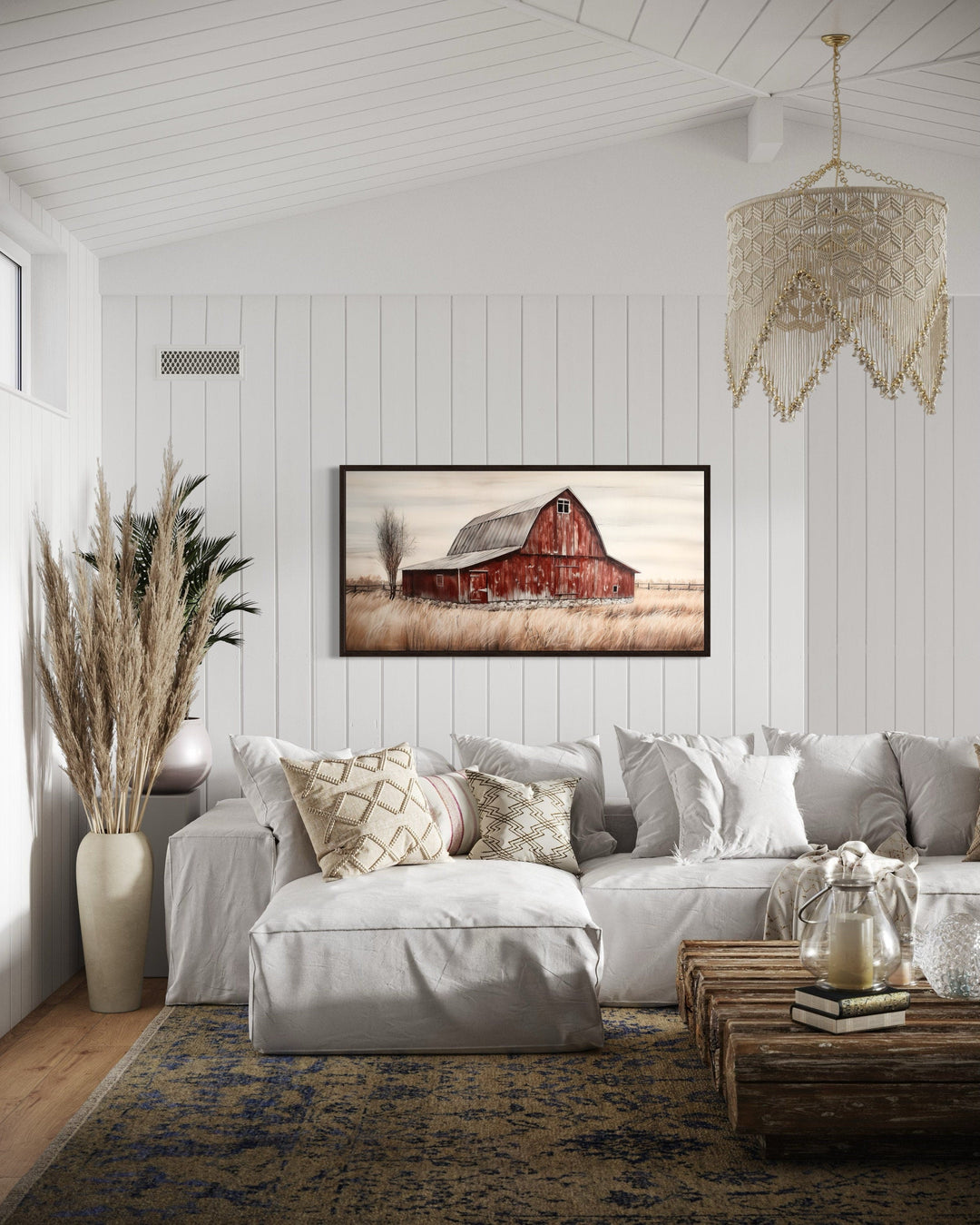 Rustic red old farm barn painting on wood canvas wall art.