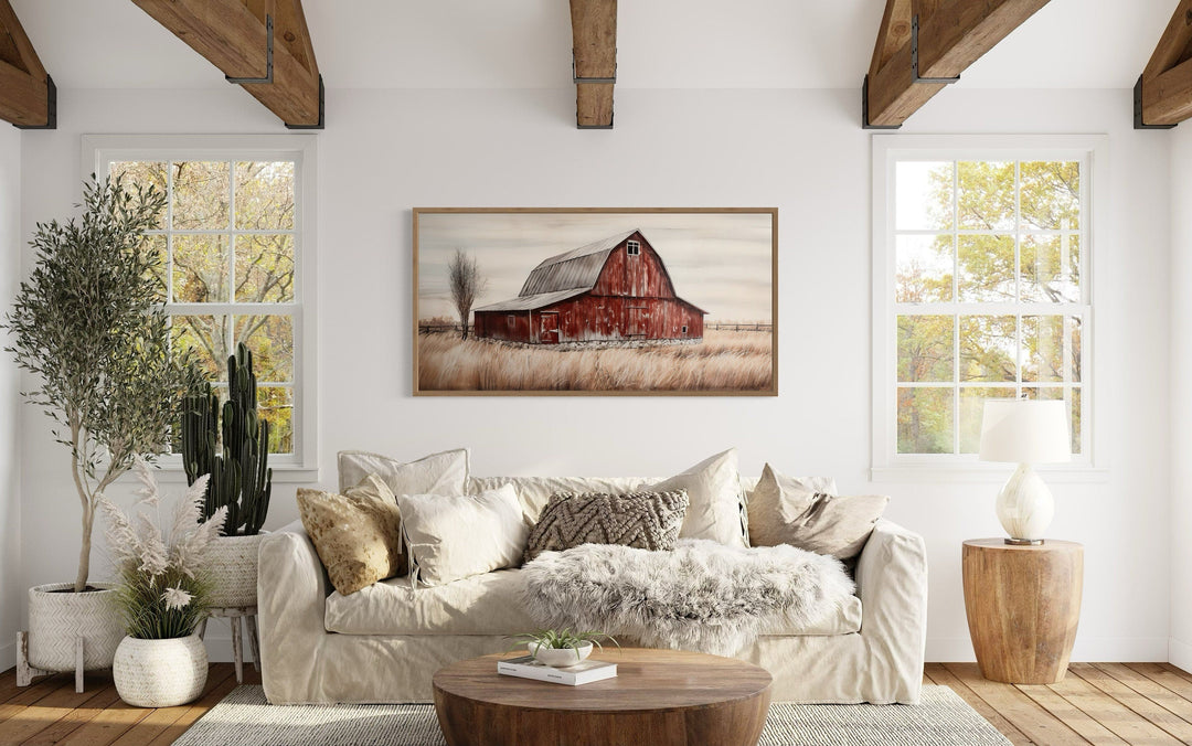Rustic red barn painting on wood farmhouse canvas wall art.