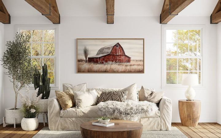 Rustic red barn painting on wood farmhouse canvas wall art.
