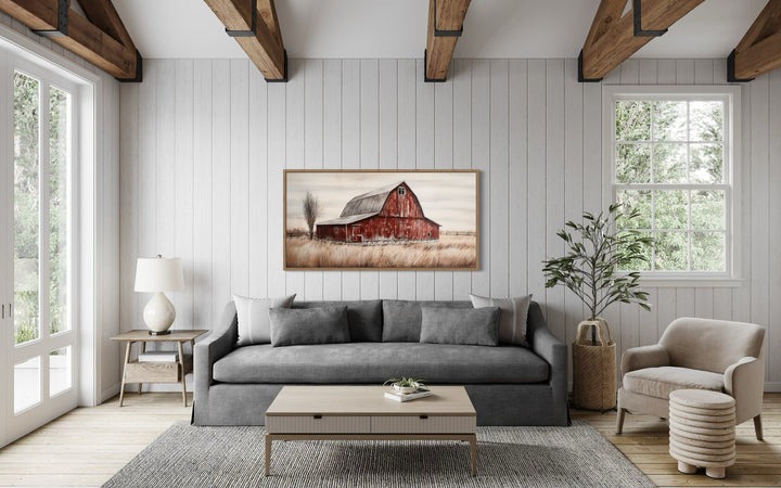Rustic red old farm barn painting on wood farmhouse canvas wall art.