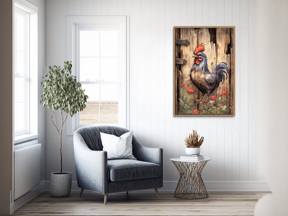 Rustic Rooster Painting On Distressed Wood Framed Canvas Wall Art