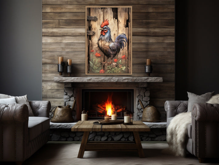 Rustic Rooster Painting On Distressed Wood Framed Canvas Wall Art