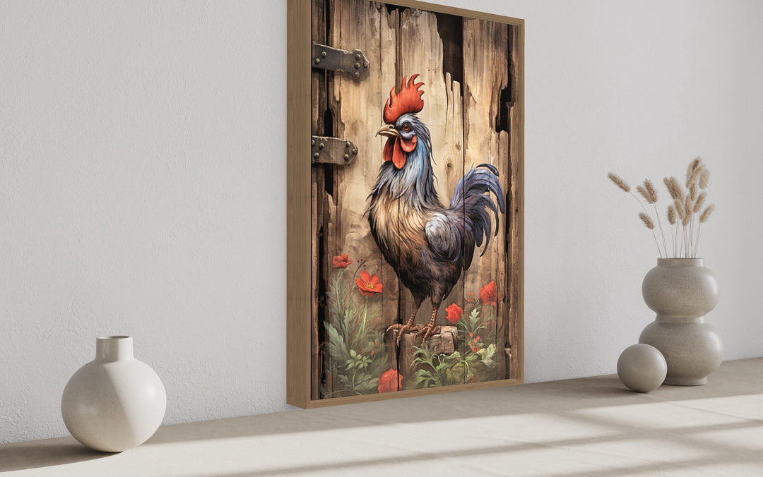 Rustic Rooster Painting On Distressed Wood Framed Canvas Wall Art