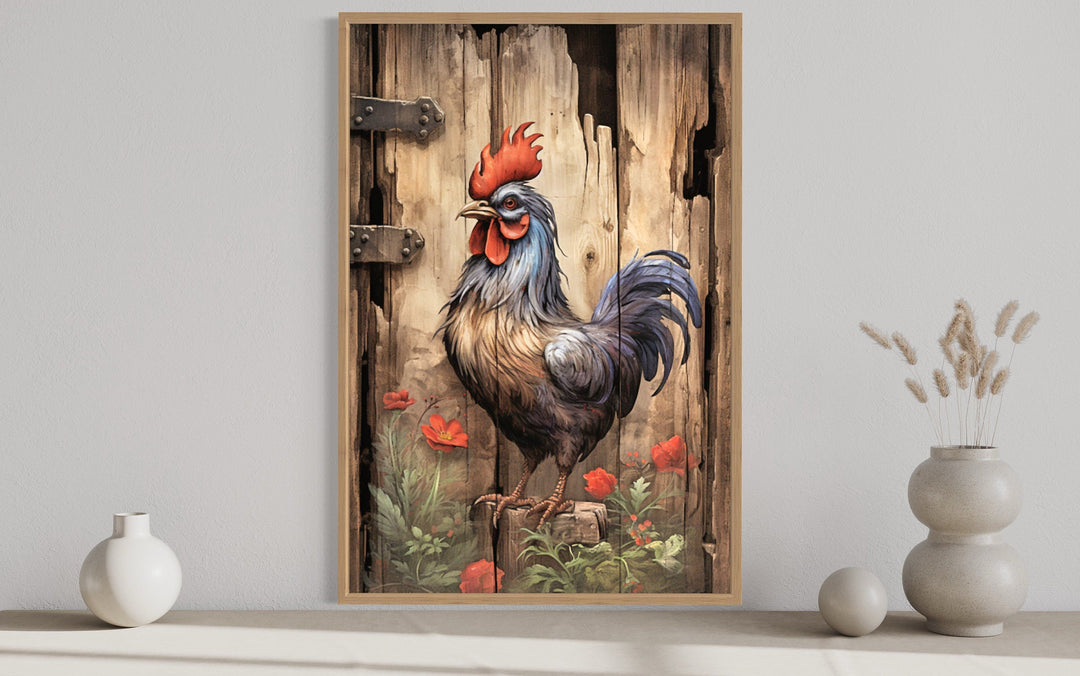 Rustic Rooster Painting On Distressed Wood Framed Canvas Wall Art