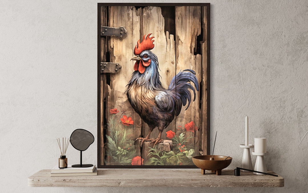 Rustic Rooster Painting On Distressed Wood Framed Canvas Wall Art