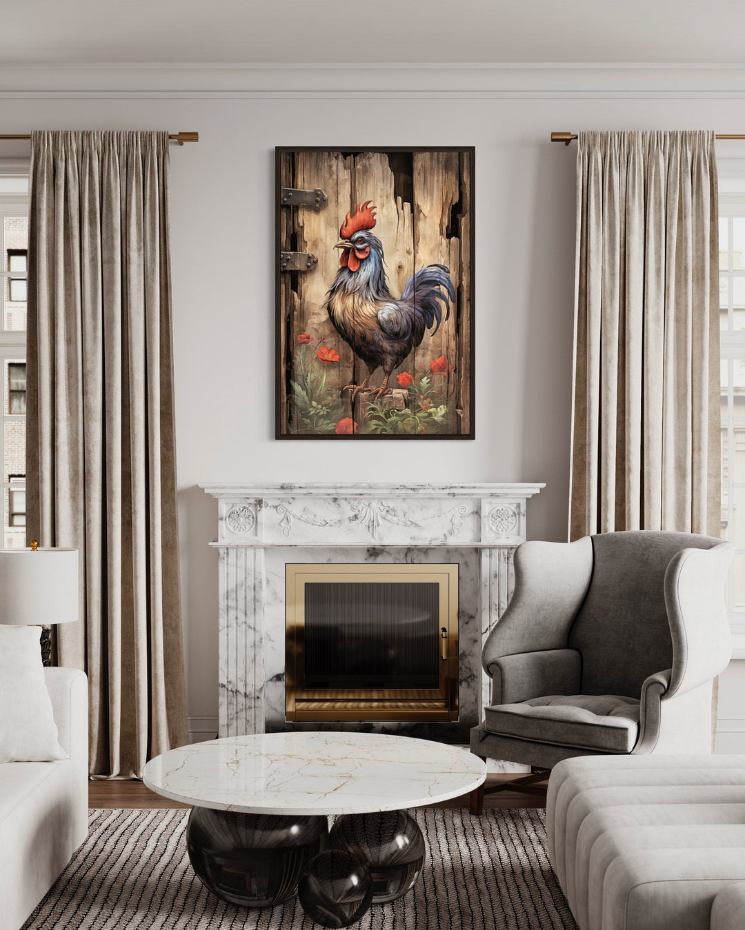 Rustic Rooster Painting On Distressed Wood Framed Canvas Wall Art