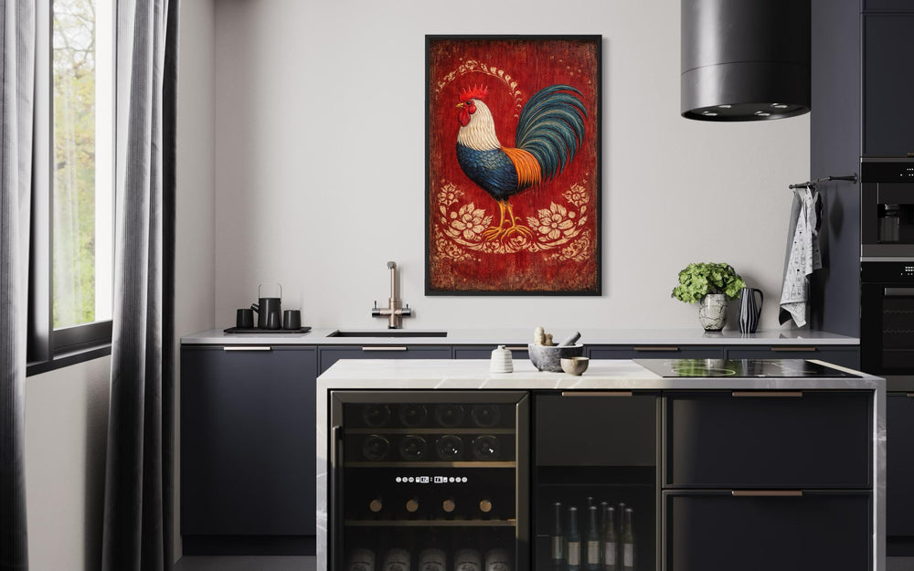 Rustic rooster wall art in a vintage folk painting style hangs in a modern farmhouse kitchen.