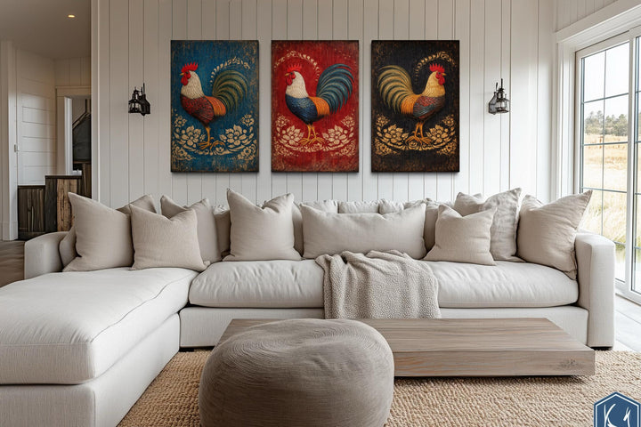 Three-panel rustic rooster canvas wall art set displayed above a neutral sofa in a farmhouse room.
