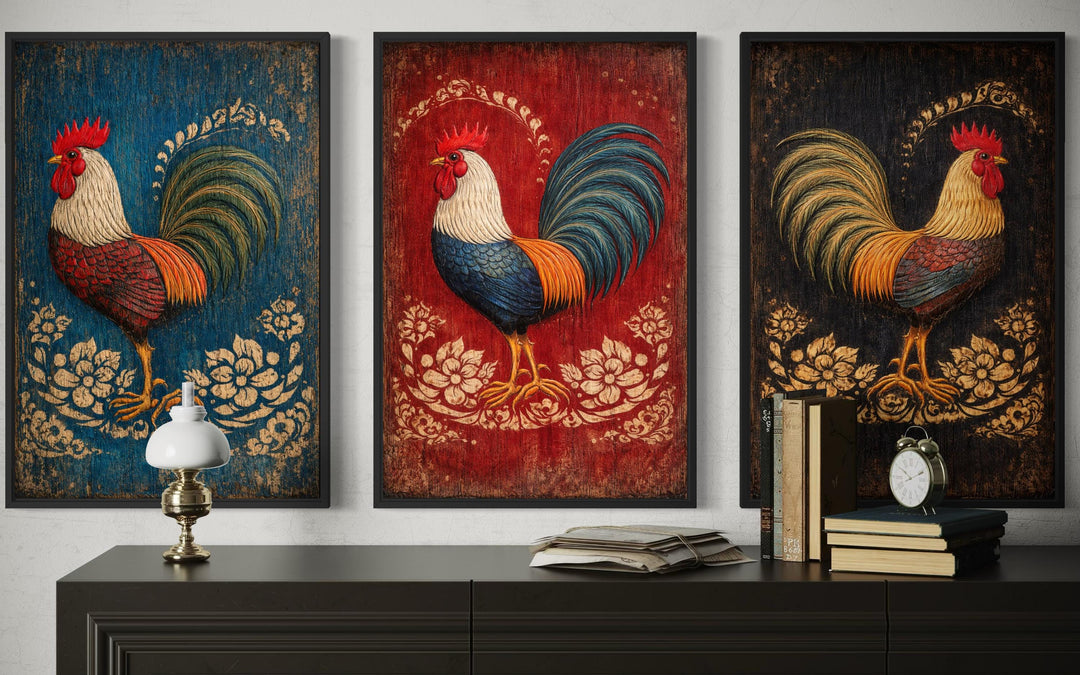 Three-panel rustic rooster canvas print set with vibrant colors and farmhouse floral motifs.